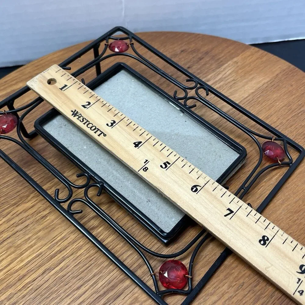 Vintage Black Scrollwork Metal Frame w/Translucent Red Gem Cabochons 3.5 x 5